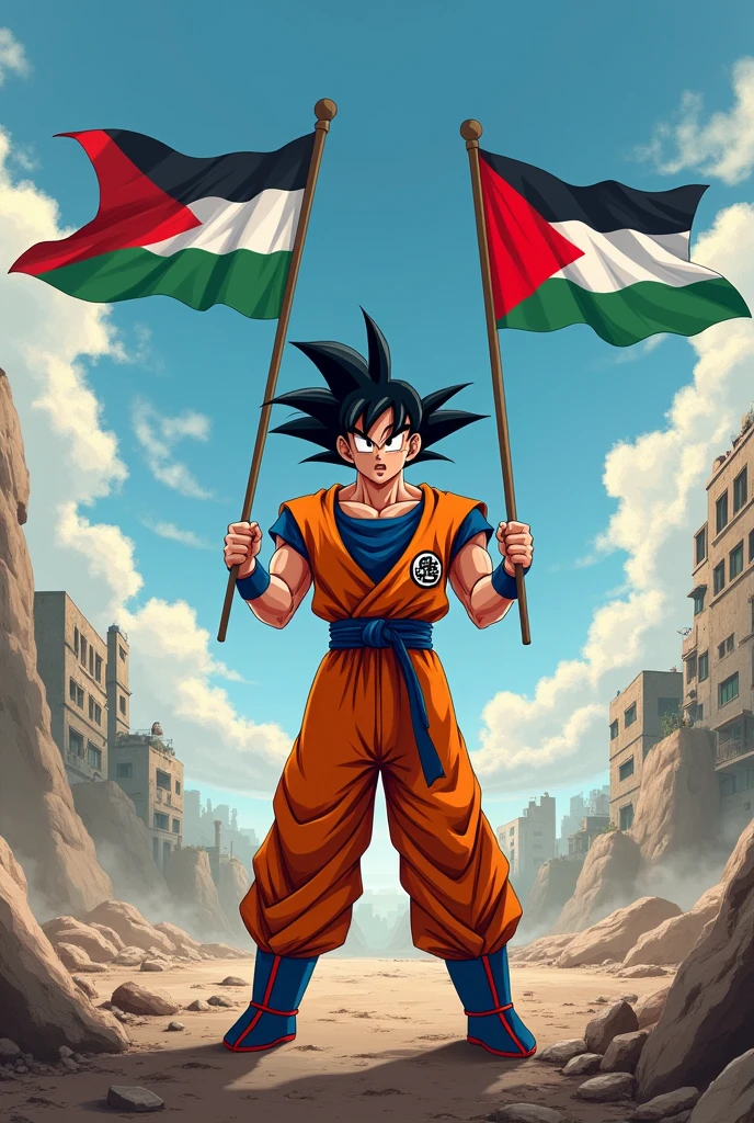 Create a high quality image  named of "Goku" holding his hand "Palestine Flags" in Israel War's 
