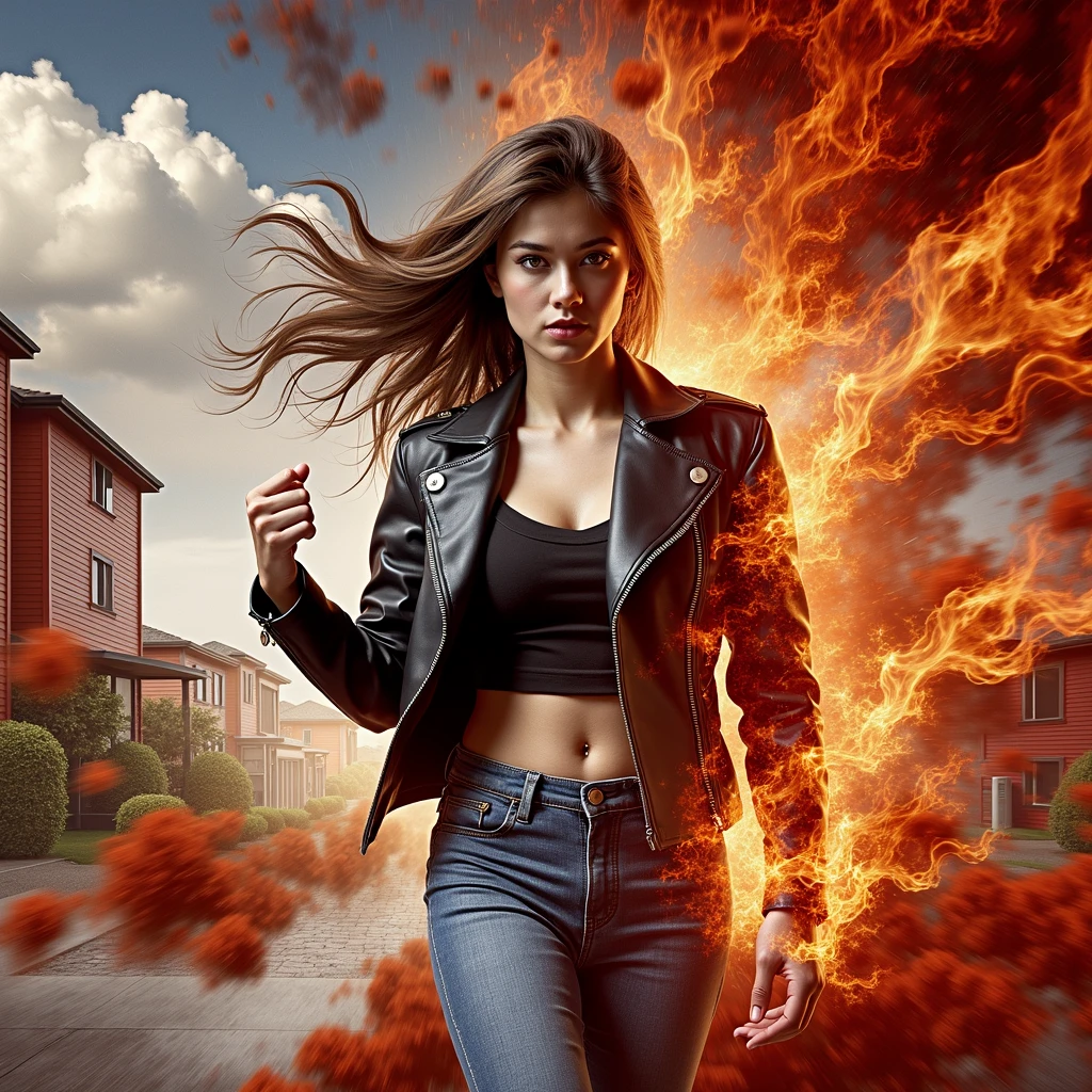 a young lady,displaying her own power. ((conflict, aggressive,destructive,fighter)),((black, red, golden brass)),(( Full figure wiew)). ((Three quarter wiew)).((fractal)),((deep wiew)),modern suburbs scenario background,photographic,ultra high resolution,hyperdetailed, masterpiece, 3d modelling, digital art.