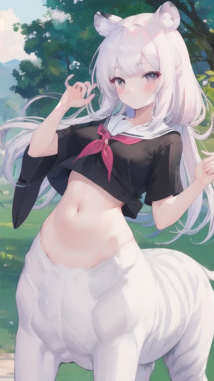 (best quality, masterpiece), 1 girl, centaur, I beg, White skin, Japanese schoolgirl, black pink, exposing the abdomen, belly button t-shirt , beautiful girl perfect, White tiger photo, 완벽한 White tiger photo