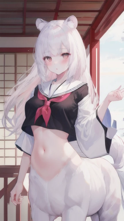 (best quality, masterpiece), 1 girl, centaur, I beg, White skin, Japanese schoolgirl, black pink, exposing the abdomen, belly button t-shirt , beautiful girl perfect, White tiger photo, 완벽한 White tiger photo