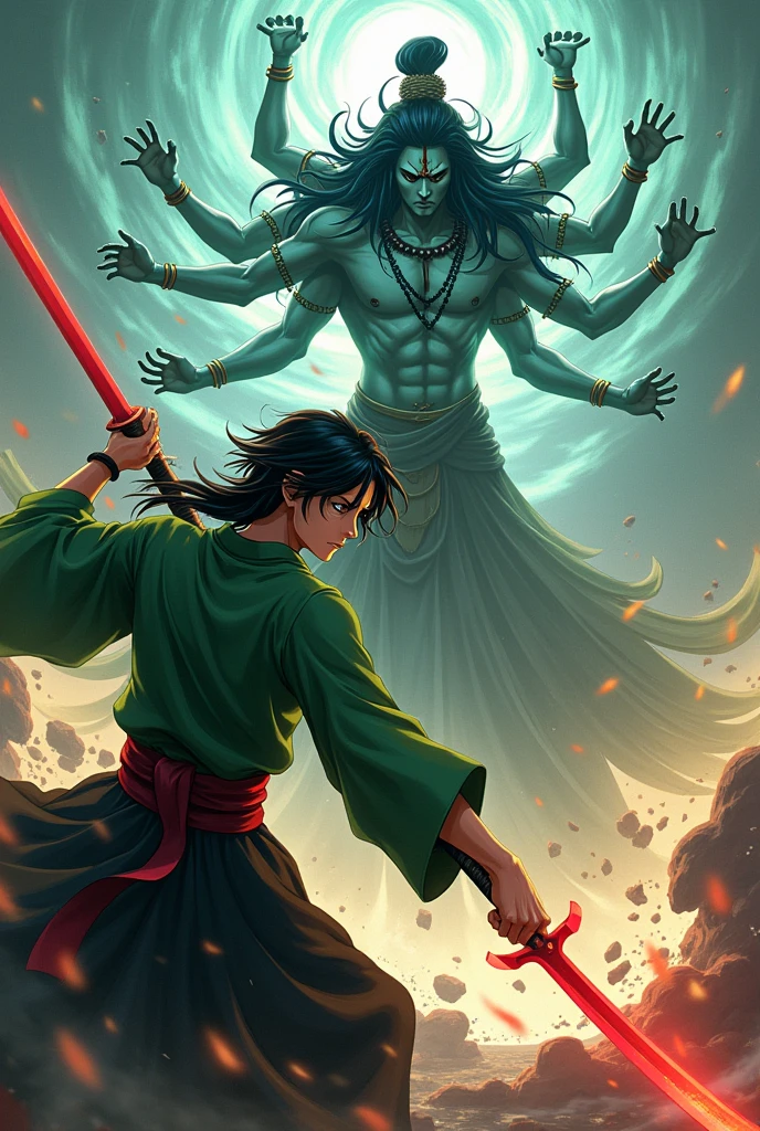 Make an image of demon slayer tanjiro wearing square green and black japanese clothes with a bright red sword fighting with lord shiva 
