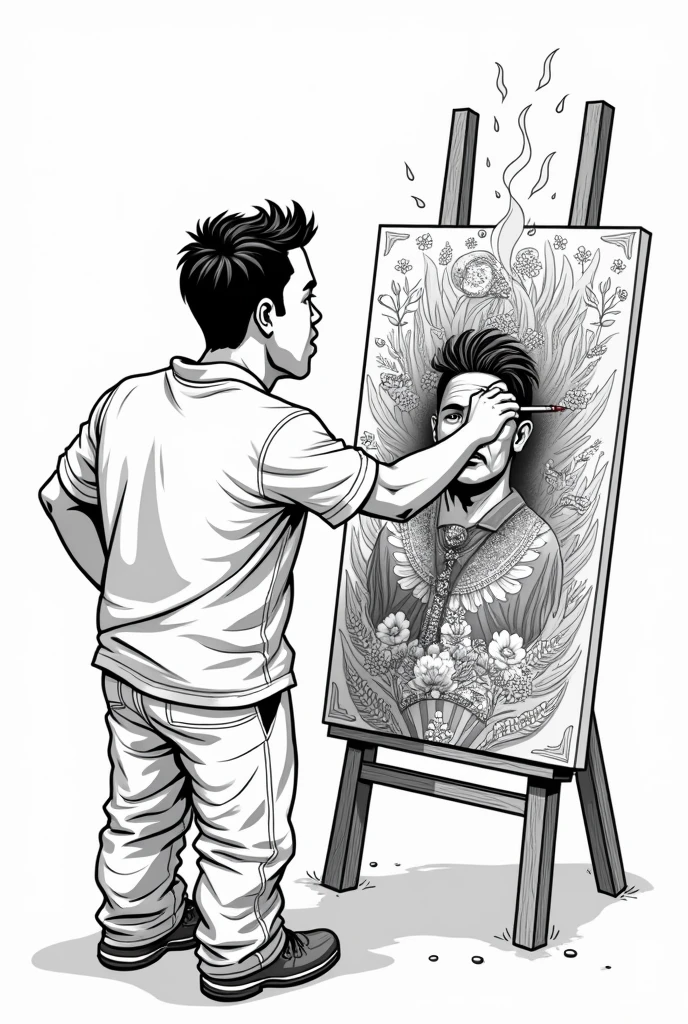 Line art a filipino man painting himself in a canvas like a mirror, make it something is coming out of him, burning passion, his creativity , his culture, his motivation, inspiration, the culture of philippines