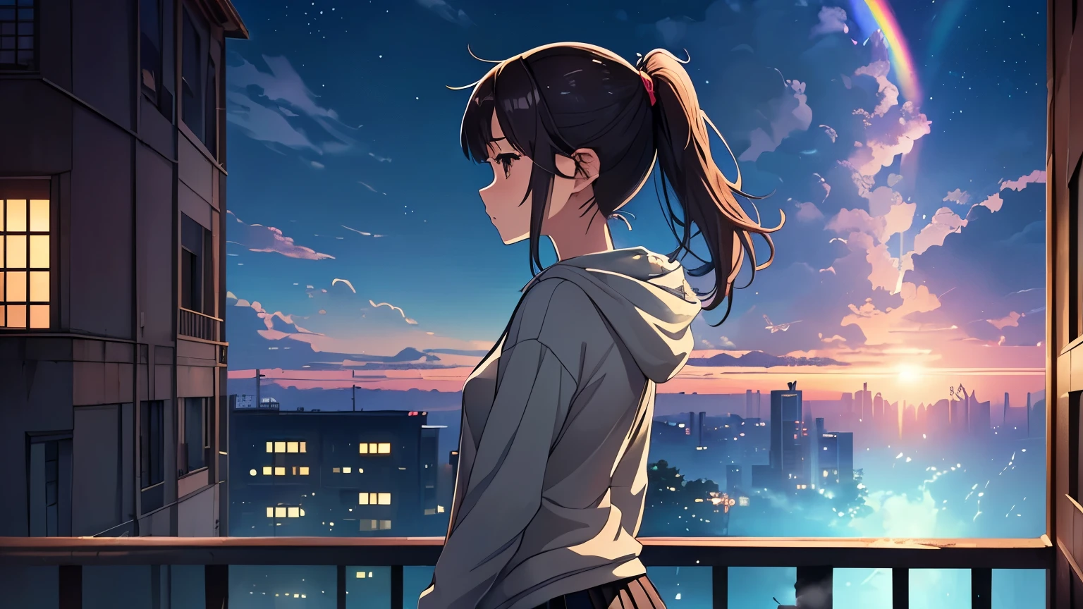 (Excellent: 1.2),(Best Quality: 1.2),(Super Detail: 1.2),(A single girl looking out from a balcony, brunette, medium hair, ponytail, grey hoodie, long sleeves, miniskirt),(Upper body, right side of screen),(Night, Summer, Night view),(4k, sad, rainbow water art style, beautiful digital illustration, beautiful character drawing, stunning anime face portrait, official artwork, LOFI girl, admire the art style, anime atmosphere, mix of anime style and film, digital anime illustration, anime wallpaper, 4k, high resolution high quality beautiful realistic sky, sky is the main focus, rear view, rear view scenery is the main focus, scenery is the main focus, emotional lofi old camera deep 3d)