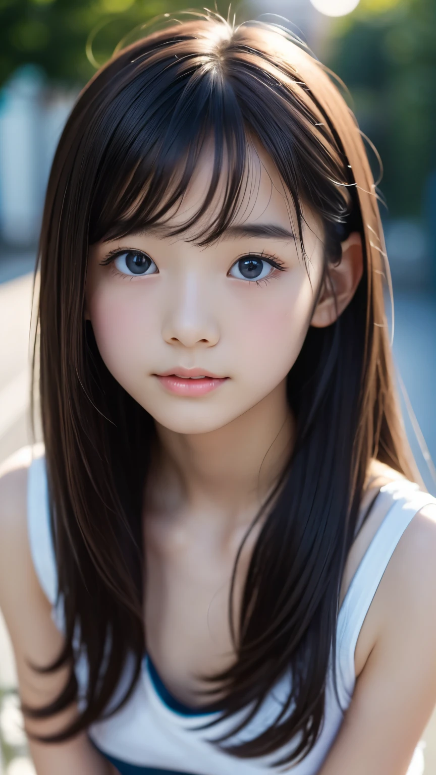 close up, (RAW photo:1.2), (realistic), beautiful detailed girl, very detailed eyes and face, beautiful and fine eyes, huge file size, High resolution, very detailed, highest quality, [table top:1.6], figure, very detailed, small details, highest quality, 8k wallpaper, movie lighting, 15 year old Japanese junior high school student, long hair, sing in white underwear, Earnest look, Under a star-filled sky, sing on a small hill, Fantastic sight, underwear only, slender body, young face, small breasts, A ray of light descends from the starry sky, 