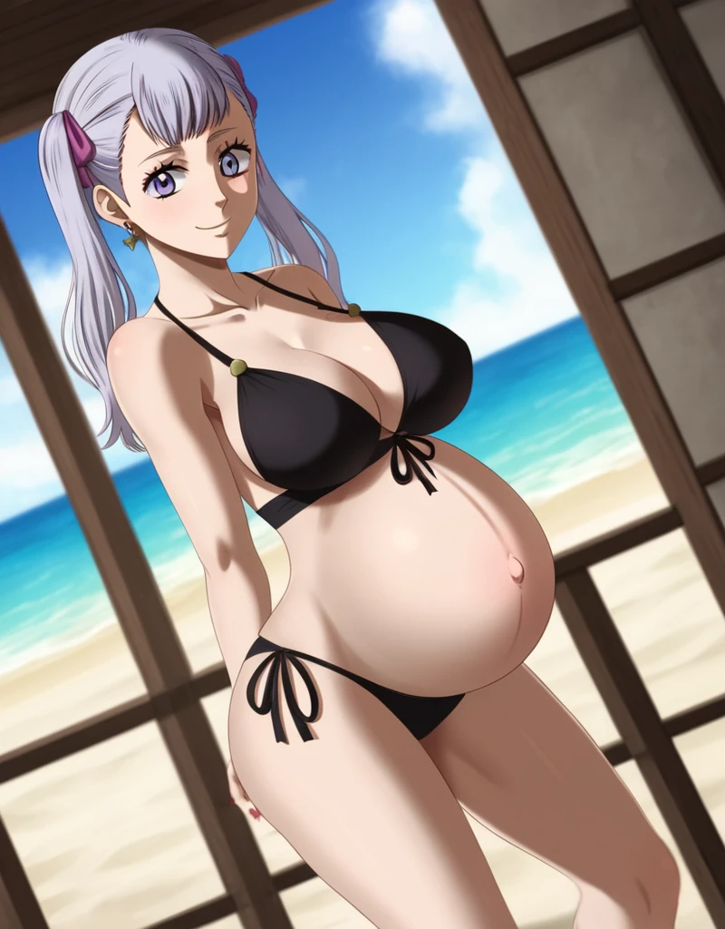 noelle_blackclover, Noelle Silva, Black Clover, long silver hair, waist-length hair, half-up half-down hairstyle, ribbon, side-parted bangs, almond-shaped blue eyes, high-quality, ultra-detailed, beast quality, 8K resolution,
looking at viewer, dutch angle, cowboy shot, smile, pregnant belly, large belly, big belly, big Breasts, belly button, Earrings,
1girl,solo, indoors, beach, happy, Smiling, rub belly,
full body, Nail polish,