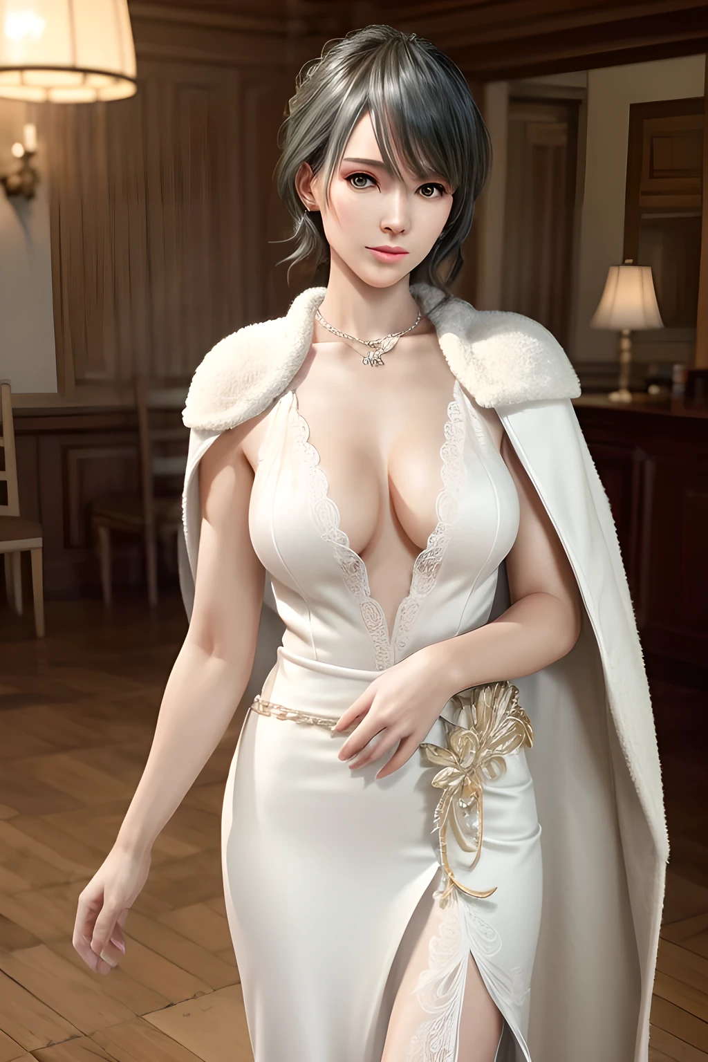 A lady with extraordinary temperament, she stands in a modern indoor space, as if she is a model from a fashion magazine. She is wearing a (pure white long fur cape), the softness and luster of which makes her look more noble under the light, and complements her (beige dress) underneath, showing her gentle temperament while maintaining a sense of fashion. The style of the dress is simple and generous, a perfect match, and it lengthens her figure, making her tall and charming. The lady's makeup is delicate and elegant, which just highlights her facial features and makes people unforgettable at first sight. Although the earrings and necklace she wears are not ostentatious, they add a bit of sophistication and nobility to her overall look. Her hair is casually draped over her shoulders, and every strand of hair exudes a natural luster,, (best quality,8k,highres,masterpiece:1.2),ultra-detailed,(realistic,photorealistic,photo-realistic:1.37),studio lighting,ultra-fine painting,sharp focus,physically-based rendering,extreme detail description,professional,vivid colors