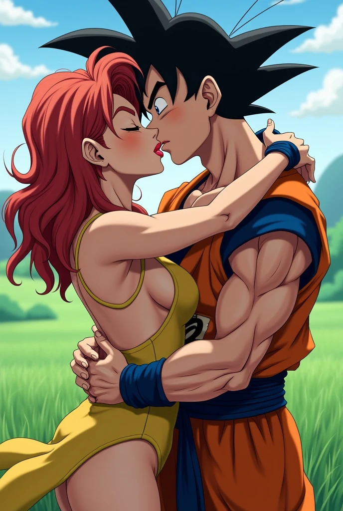 (animestyle) bulma and goku from dragonball, knee on grass, kissing each other with tongue, very wet kissing,