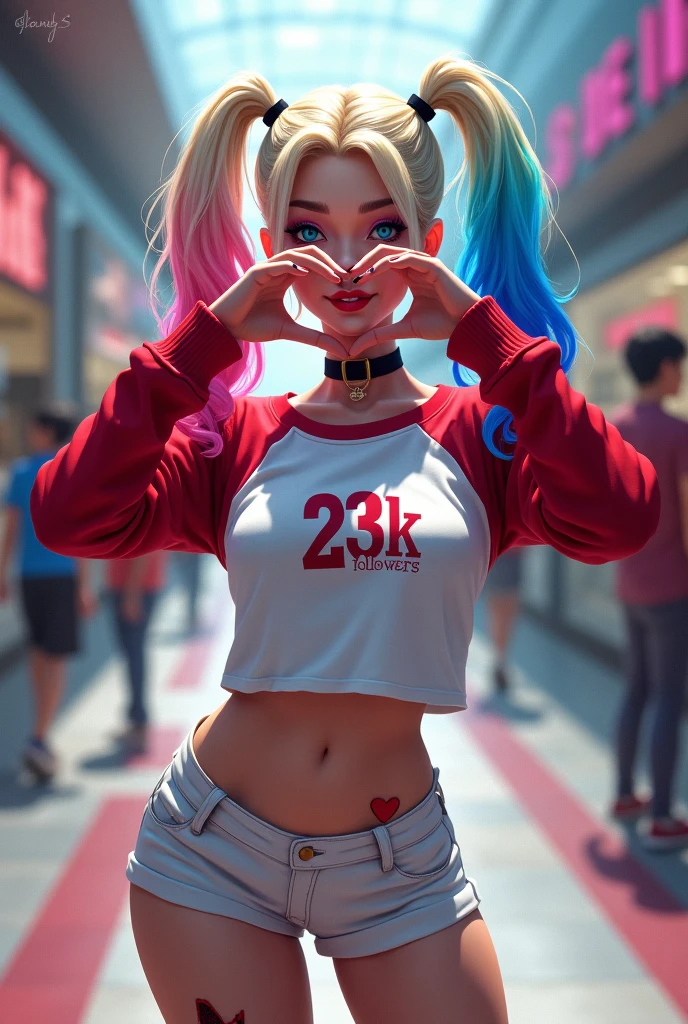 Cinematic illustration of Harley Quinn with colorful hair, heart tattoo on her face, blue and pink eye makeup, and a white t-shirt with red sleeves that says 23k followers, and white shorts and boots. She is making a heart with her hand and is in a shopping mall.