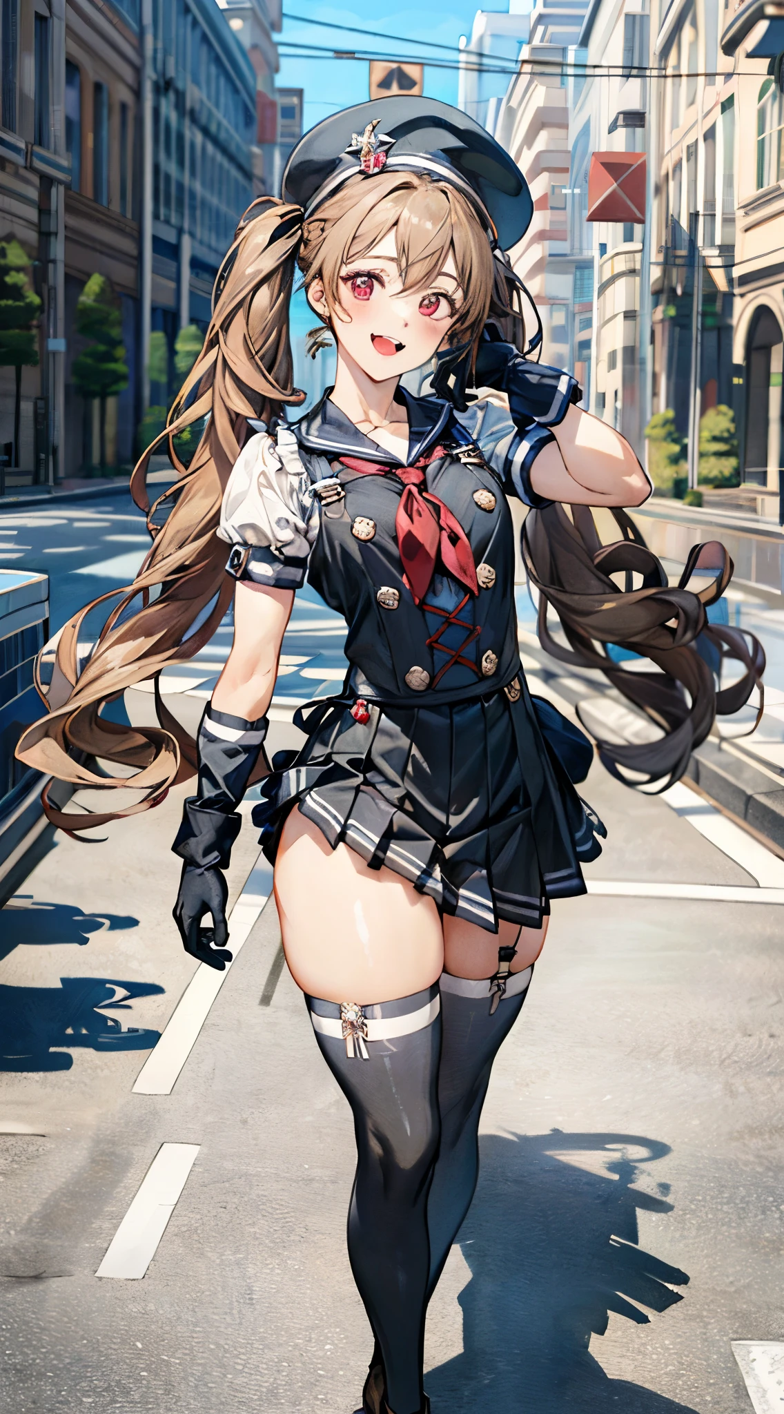 (masterpiece:1.3, Highest quality), Ultra-high resolution, Super detailed, (Realistic, photoRealistic:1.4), Beautiful illustrations, Perfect lighting, colorful, Depth of written boundary,
View your viewers, 1 person, alone, Miranda, (Medium chest:0.8, Big Ass, Captivating thighs, Skin Dentition),
(very long hair, Twin tails, (beige) hair), hair between eyes, Red eyes, Fang, Glowing Skin,
beautiful hair, Beautiful Face, Highly detailed face, Beautiful attention to detail, Beautiful clavicle, Beautiful body, Beautiful breasts, Beautiful thighs, Beautiful feet, Beautiful fingers,
(Black Hat, Seraph of the Black, abdomen, suspenders, Red neckerchief, black pleated mini skirt, Black gloves, Black knee socks),
(Beautiful views), Daytime, Outdoor, (walk), (Smile, Open your mouth),