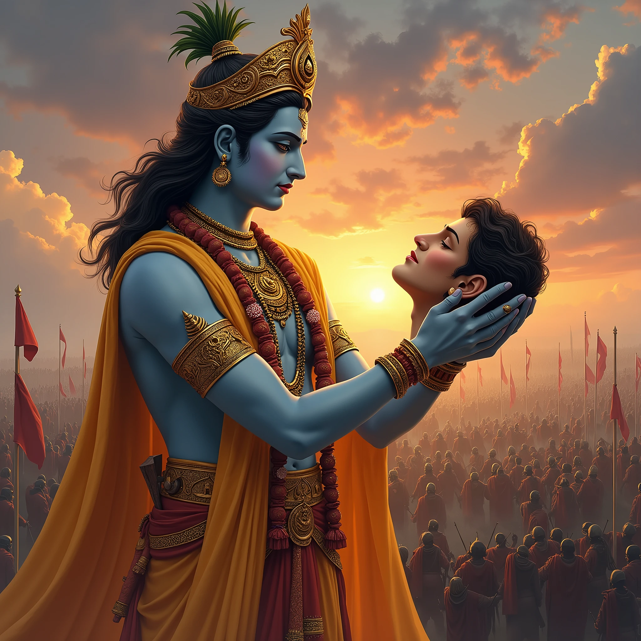 An image of Lord Krishna holding Barbarik's severed head with a serene expression. Barbarik's face could have a peaceful and accepting look. The background could depict the battlefield of Kurukshetra, with armies clashing in the distance