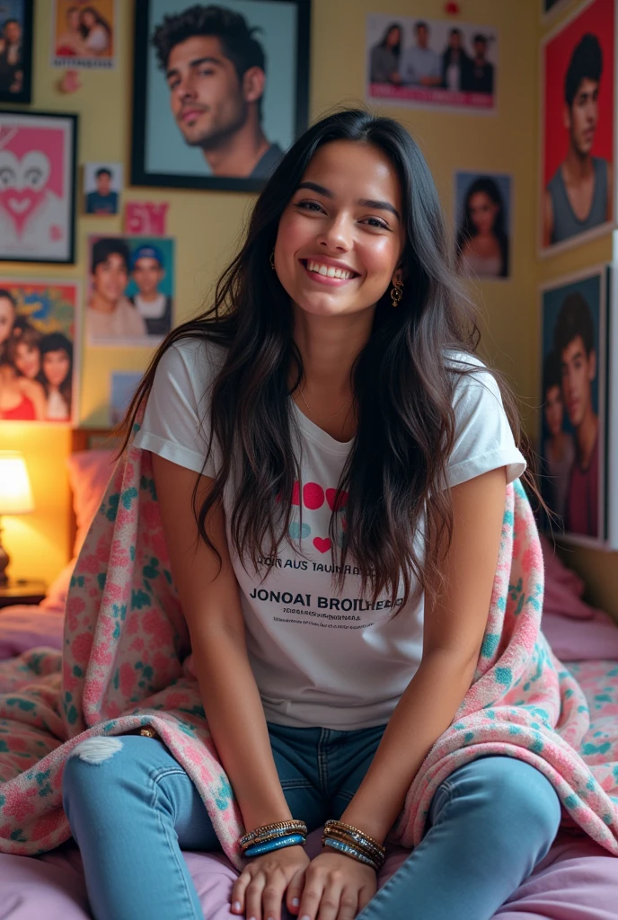 26 year old Hispanic curvy woman with long straight hair sitting on a bed in a room with a wall full of  of posters of Jonas brothers a Disney boy band an album cover by nick jonas , featured on tumblr, pop art, in her room, sitting happy in a blanket with the image that says nick jonas she is in her room,  a fan girl teenage bedroom, in my bedroom, teenager hangout spot, posing in a bedroom shoving her posters while posing in the same bed, 9 0 s bedroom, an 80's bedroom, she is wearing a t-shirt that says I love Jonas brothers, focus on posters in the wall. She has a los of bracelets with phrases like I love Jonas brothers and nick jonas. 
