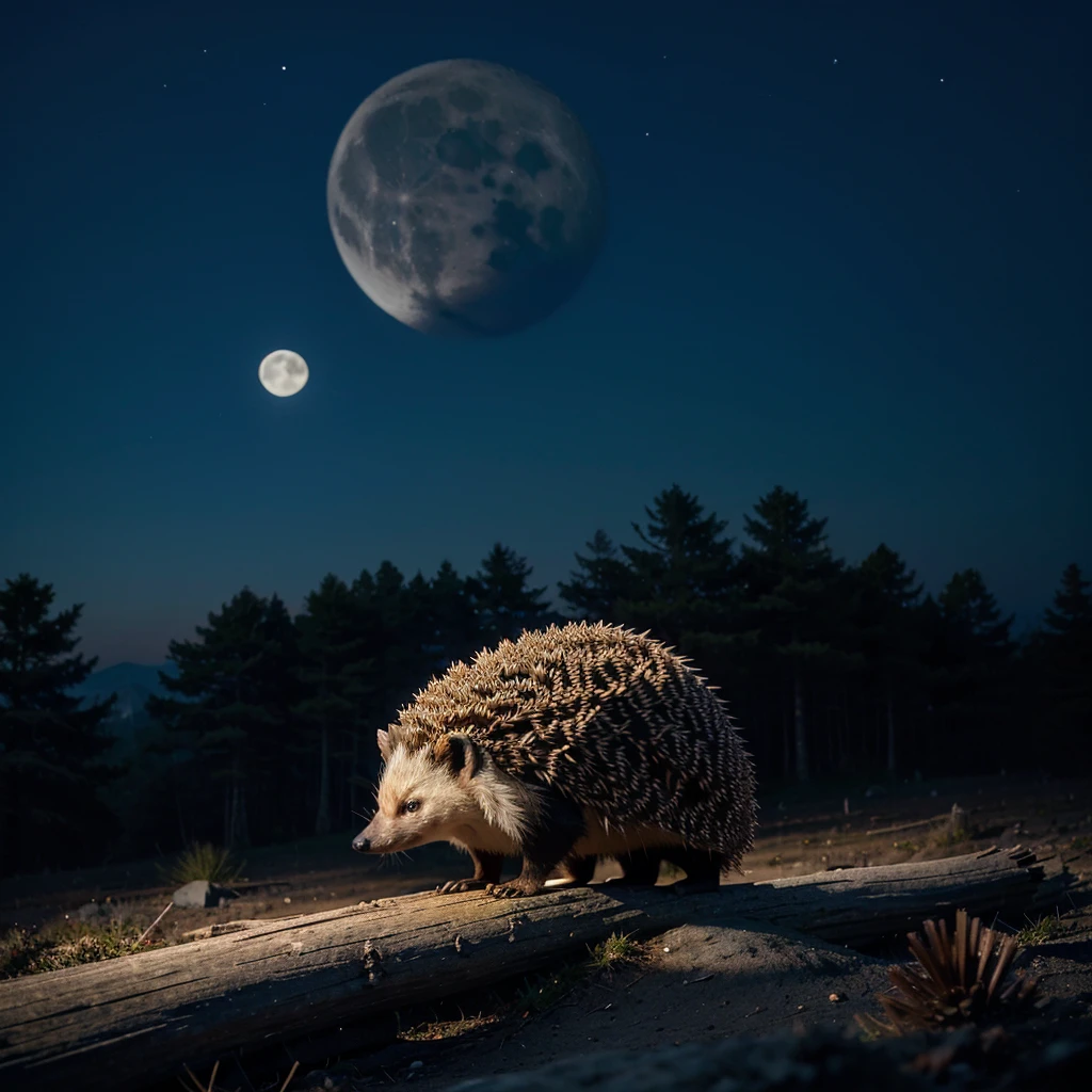An animal that looks like a hedgehog. Its needles are shaped like pointed bones with a blade at the end.. Hedgehog is blue-black.
In the background there is the moon and a dark forest