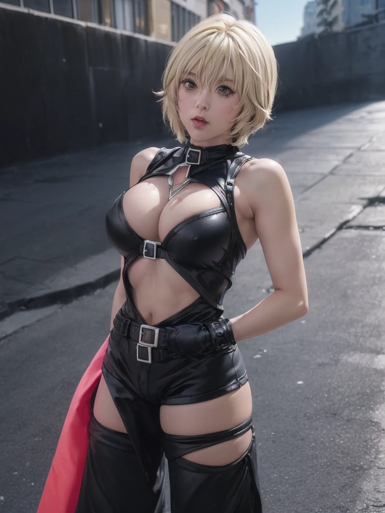 kurosaki mea、最high quality、high quality,, ((Masseter muscle area)), ((High resolution)), ((最high quality)), detailed, ((Glowing Skin)), (High leg bodysuit:1.2)、and, ((huge 、Blonde、Short Bob))、(Costume:(Black Bondage, Open your chest wide:1.4, Short black hot pants:Open the front of your pants:1.4)), Bare Chest:1.5, Exposed nipples:1.2, Big Breasts:1.4, Voluptuous bust:1.4, Bare belly:1.4, exposed navel:1.2, (See the front-facing camera:1.5、Looking at the audience:1.5)、(No pause 1.5, Standing still:1.4), ((background:On the streets of the city:1.4))