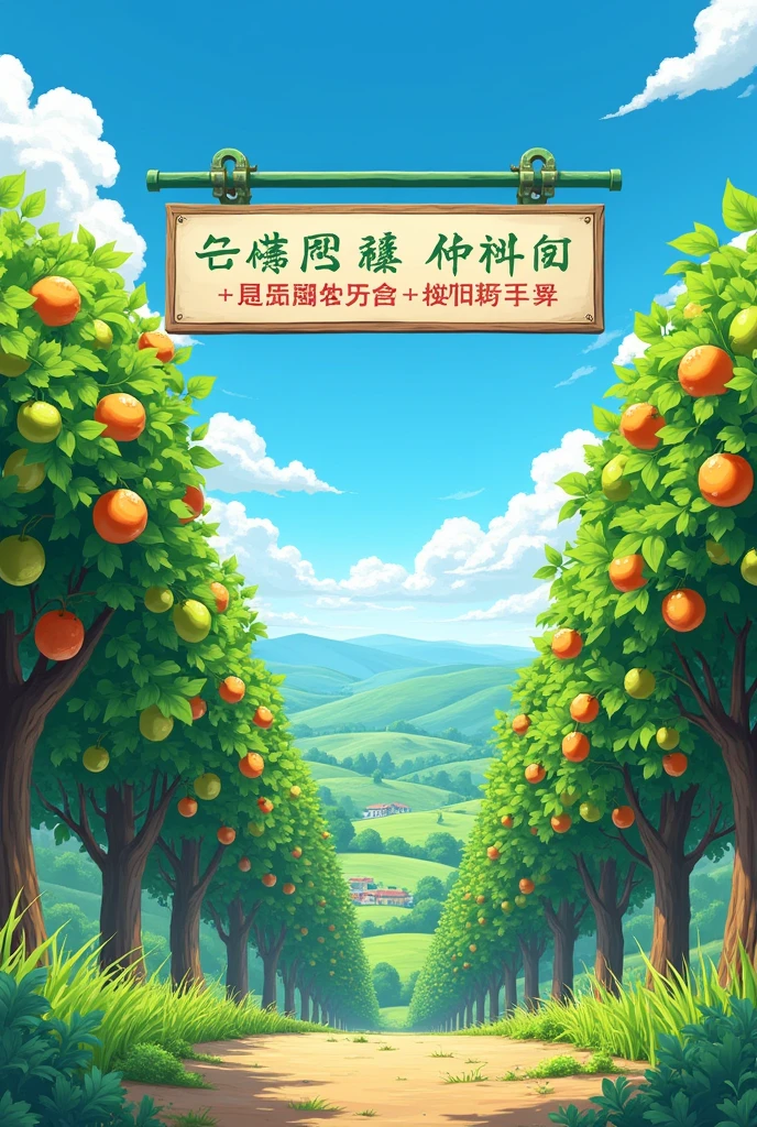 A background on agriculture,Anime style,There are fruit trees,There is a sign "Longsen Agricultural Materials" above the picture.,Below the picture is the slogan “Promote the development of green agriculture,Healthy Agriculture