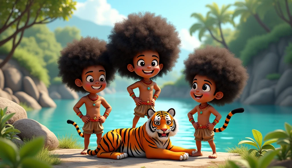 Generate me an image of three 3d cartoon afro warrior characters by a river with a tiger they killed.