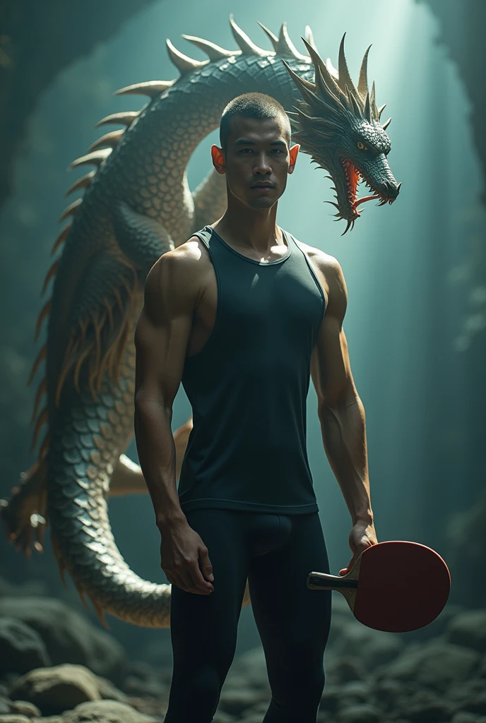 a 30 year old Indonesian man,buzz cut hair,spandex,holding a table tennis racket in the shape of an astral dragon,(best quality,8k,photoreal,masterpiece:1.2),ultra-detailed,(realistic,photorealistic,photo-realistic:1.37),HDR,physically-based rendering,extreme detail description,professional,vivid colors,bokeh,fantasy,surreal,cinematic lighting,dramatic lighting,hyper-detailed