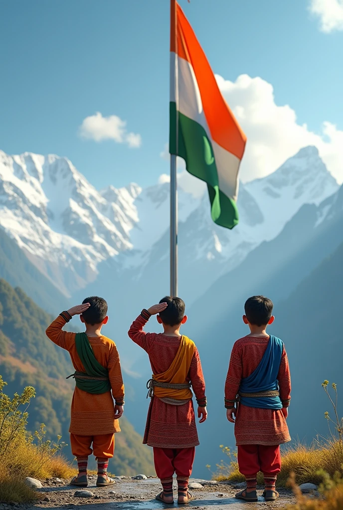 Himalayan Sikkim Tibetan and Nepali tribal 10 years three boy saluting india national flag