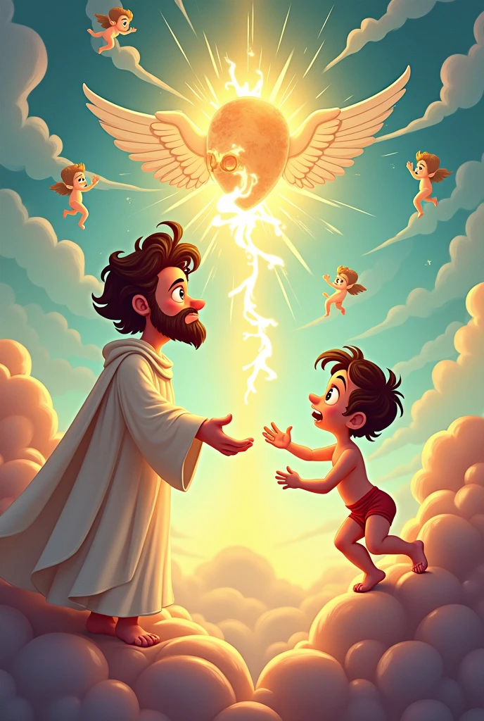 Reinterpret the work The Creation of Adam by Michelangelo in cartoon version, cartoon style