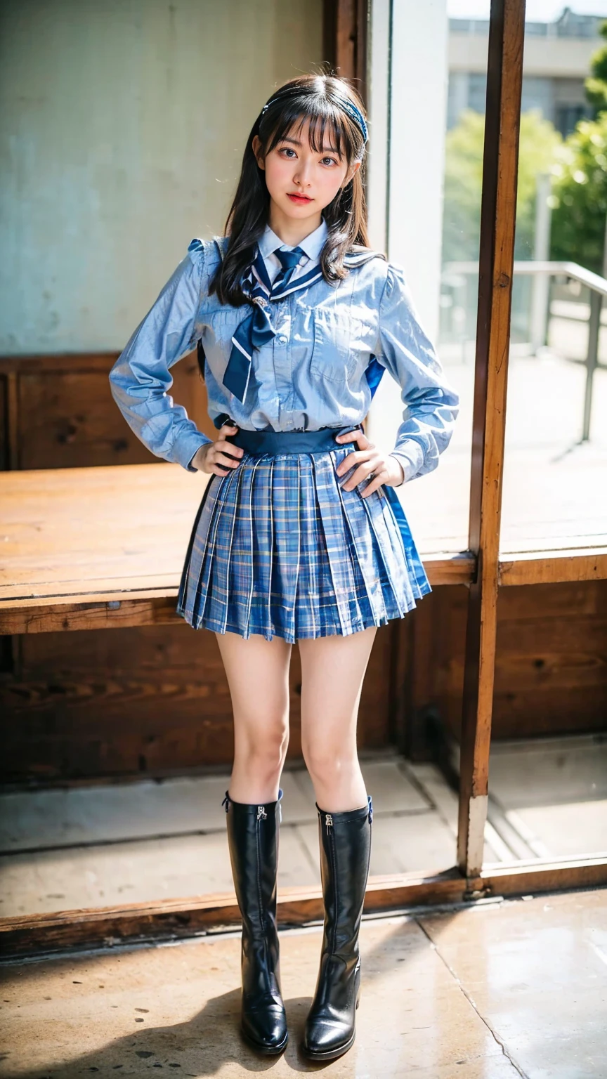 (8k、RAW Photos、Highest quality、masterpiece:1.2)、(Realistic、Realistic)、1 person、((View from the front、light blue、Looking into the camera、check、boots、mini skirt、High school uniform、、Standing with one hand on hip、Frills、))、cute