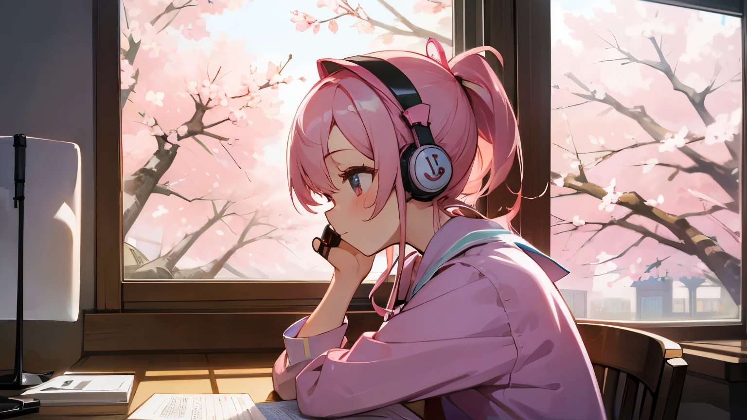 cute girl studying at her home using headphone you can see cherry blossom from window