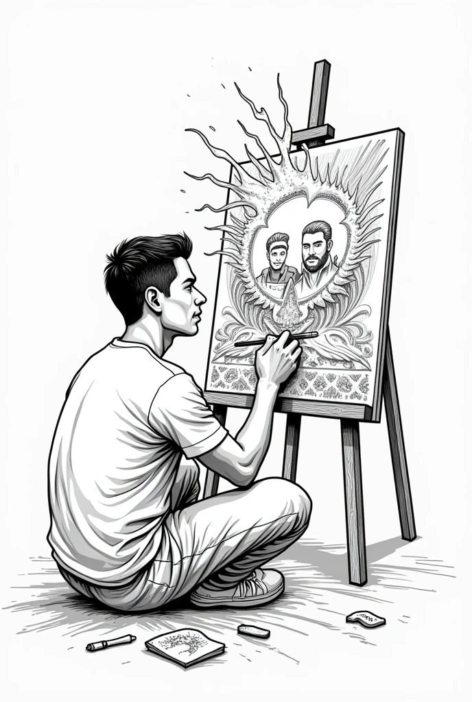 Line art a filipino man painting himself in a canvas like a mirror, make it something is coming out of him, burning passion, his creativity , his culture, his motivation, inspiration, the culture of philippines