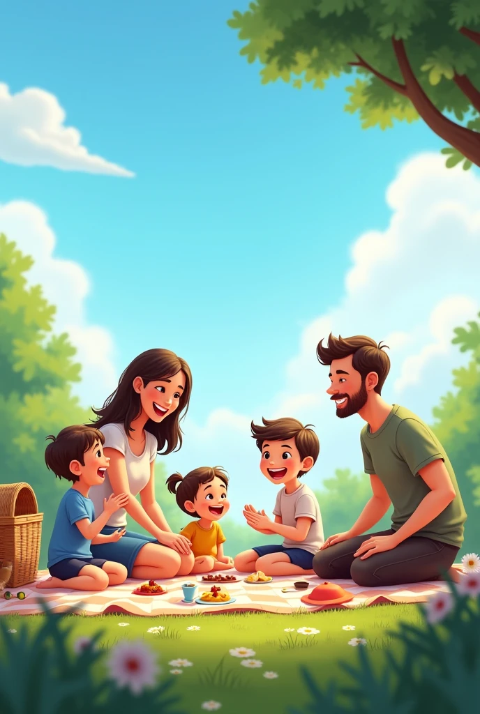 Family picnic blue sky background, that express security, that plays with humor