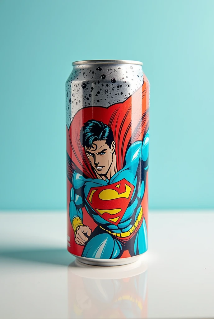 Product photo of mineral water can packaging with superhero pictures.