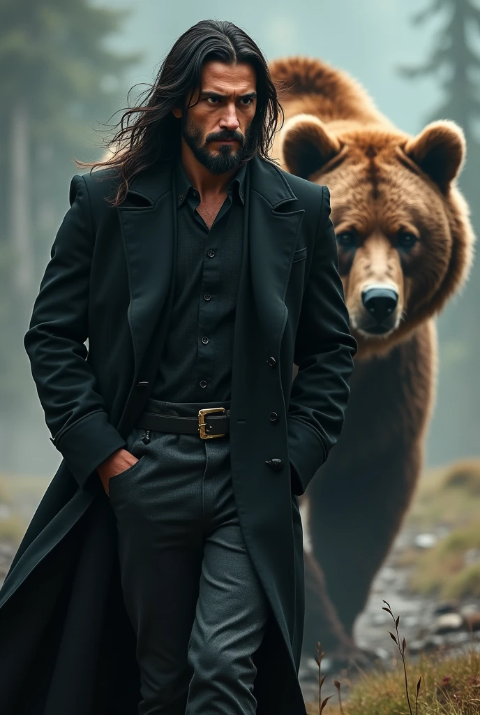 man resembling Can Yaman, long hair and strong look, in a flowing black coat walking with his hands in his pockets, with a huge brown bear behind him