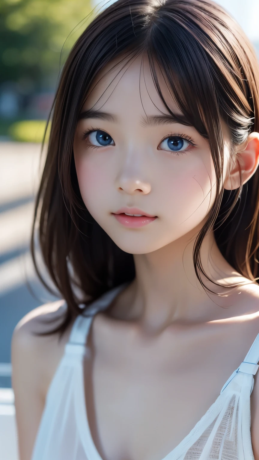 close up, (RAW photo:1.2), (realistic), beautiful detailed girl, very detailed eyes and face, beautiful and fine eyes, huge file size, High resolution, very detailed, highest quality, [table top:1.6], figure, very detailed, small details, highest quality, 8k wallpaper, movie lighting,  Japanese junior highl student, lir, sing in white underwear, Earnest look, Under a star-filled sky, sing on a small hill, Fantastic sight, underwear only, slender body, young face, small breasts, A ray of light descends from the starry sky, 