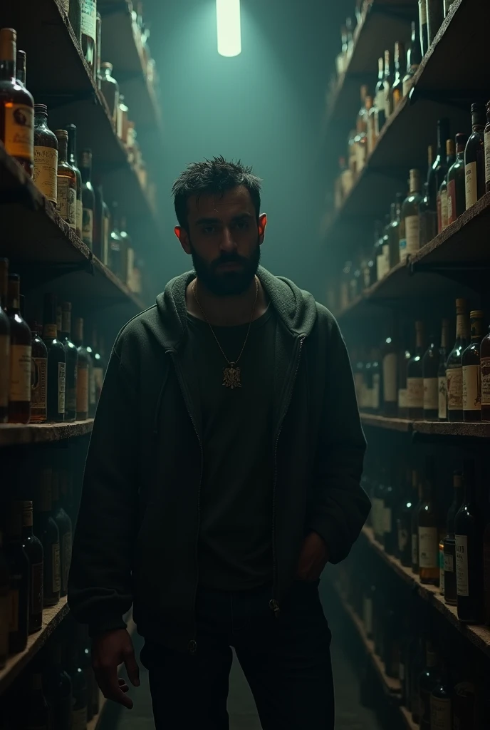 A man is drinking alcohol, crying, feeling sad, standing alone in a bar. In front of him, there are shelves full of liquor bottles.