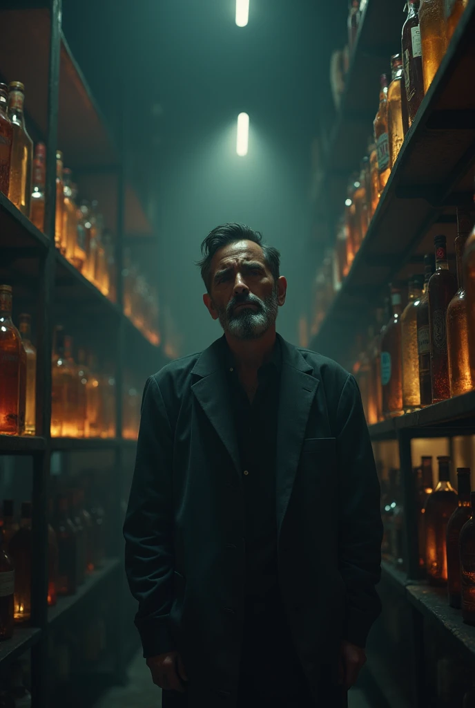 A man is drinking alcohol, crying, feeling sad, standing alone in a bar. In front of him, there are shelves full of liquor bottles. 