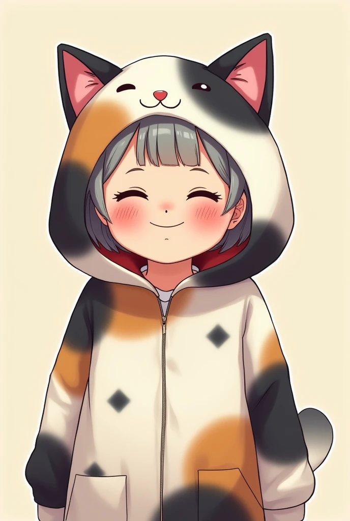 A beautiful 60-year old Japanese woman wearing a cat costume with hoodies. The fur pattern should be that of calico cat: patches of white, black, and white. The costume doesn't have a cat face. It should show only above her chest. Make it into cartoon image. Make it chibi-kawa. Cute young grandma who smiles as squinting her eyes a bit is the ideal.