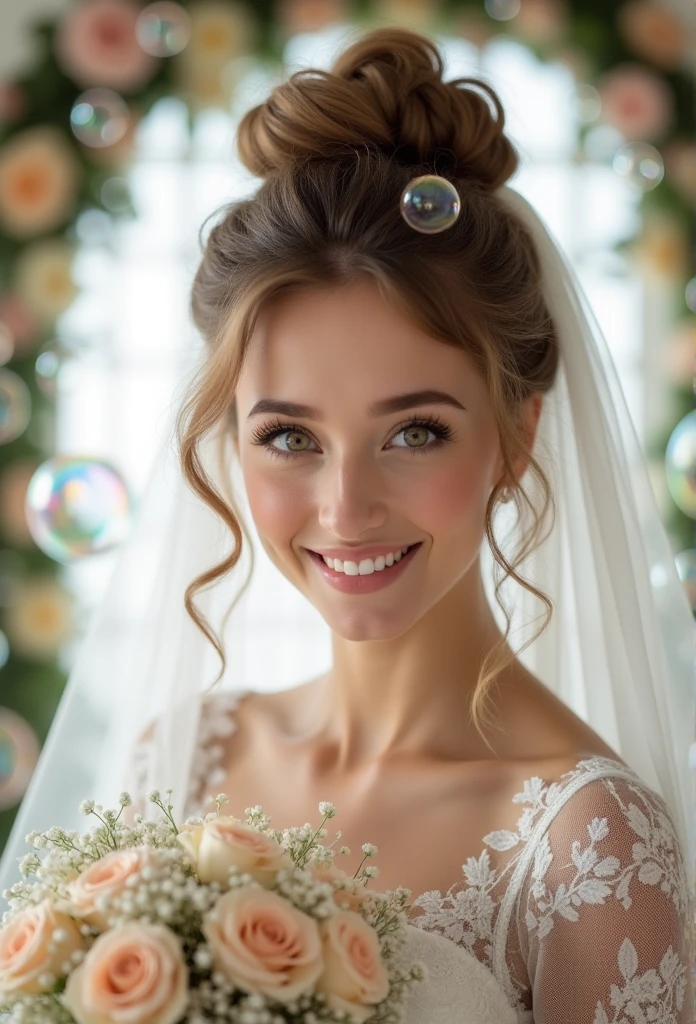 Very young and beautiful nordic woman, brown-blond updo hairstyle, very delicate eyes, delicate nose, delicate lips, wearing a wedding dress, holding a bouquet with delicate details in her arms: 1.2, veil_rich lace layers, bouquet with detailed expressions, (dynamic pose, uncontrollable joy, wide open mouth and big smile_very delicate details), clear silhouette, best quality, realistic photo, bright studio lighting, top down hip torso angle, frontal close-up, shot from under an arched floral decoration structure, celebratory bouquet, surrounded by many transparent rainbow bubbles floating in the air, clear silhouette,