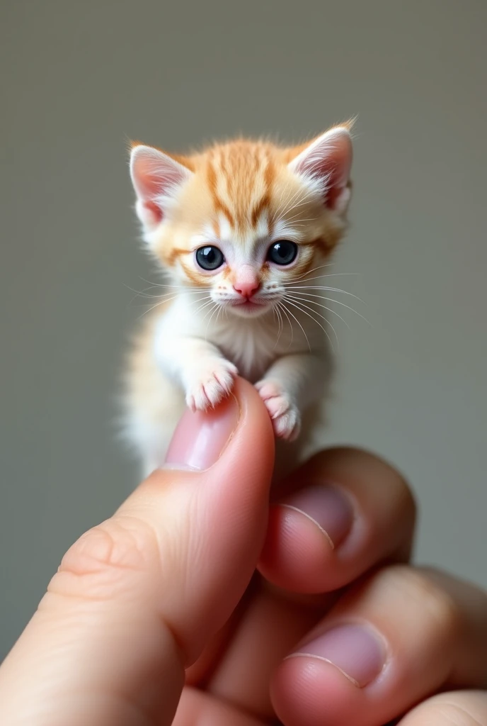 The world's smallest kitten, perched on someone's finger, is undoubtedly cute and charming. The photo is very realistic and captures the subtle features of the tiny kitten with precise precision.