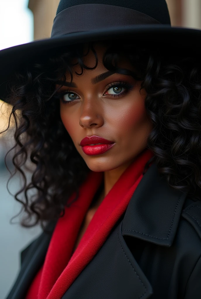 straight-on, upper body, solo, BREAK
CARTOON_carmen_sandiego_ownwaifu, www.ownwaifu.com, carmen_sandiego,
long hair, black hair, lipstick, makeup, red lips, breasts, lips, blue eyes, mature female, curly hair, dark skin, long legs, narrow waist, curvy, trench coat, witch hat, belt, red headwear, black gloves, red coat, long coat, scarf, yellow scarf, buttons, big hair, official art,extremely detailed CG unity 8k wallpaper, perfect lighting,Colorful, Bright_Front_face_Lighting,shiny skin, (masterpiece:1.0),(best_quality:1.0), ultra high res,4K,ultra-detailed, photography, 8K, HDR, highres, (absurdres:1.2), Kodak portra 400, film grain, blurry background, (bokeh:1.2), lens flare, (vibrant_color:1.2),professional photograph, (beautiful_face:1.5),