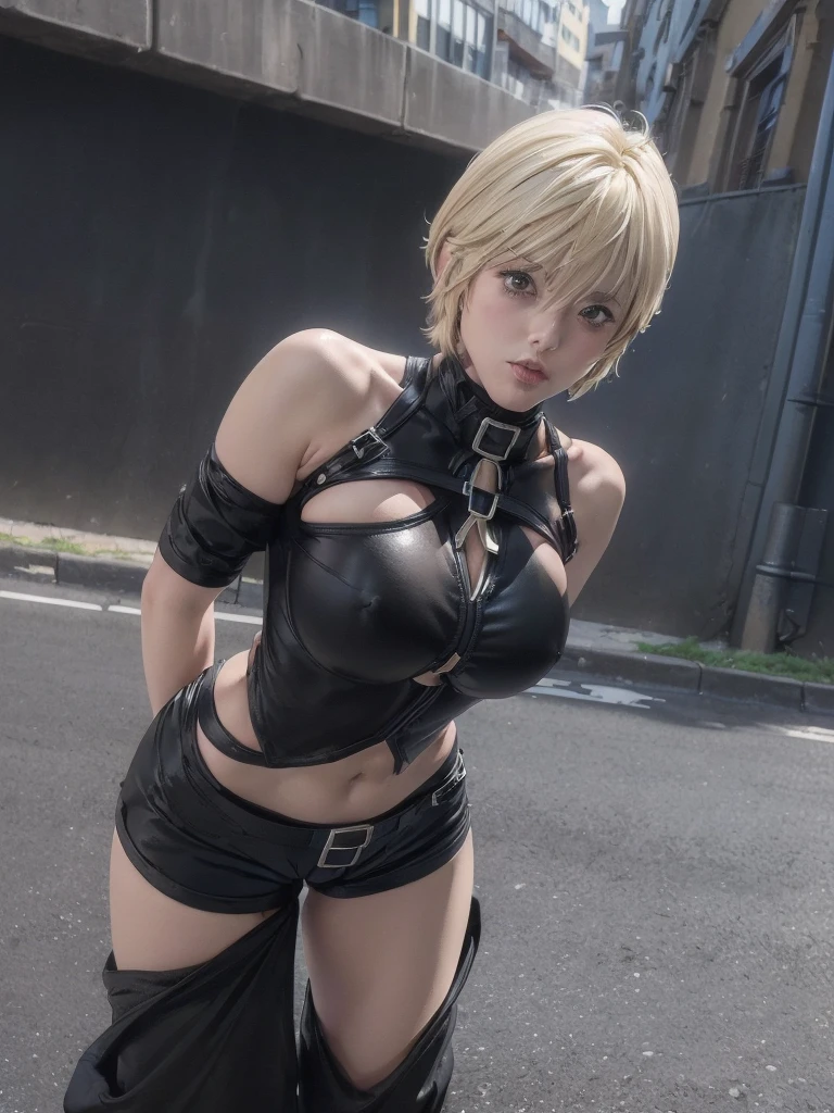 kurosaki mea、最high quality、high quality,, ((Masseter muscle area)), ((High resolution)), ((最high quality)), detailed, ((Glowing Skin)), (High leg bodysuit:1.2)、and, ((huge 、Blonde、Short Bob))、(Costume:(Black Bondage, Open your chest wide:1.4, Short black hot pants:Open the front of your pants:1.4)), Bare Chest:1.5, Exposed nipples:1.2, Big Breasts:1.4, Voluptuous bust:1.4, Bare belly:1.4, exposed navel:1.2, (See the front-facing camera:1.5、Looking at the audience:1.5)、(No pause 1.5, Standing still:1.4), ((background:On the streets of the city:1.4))