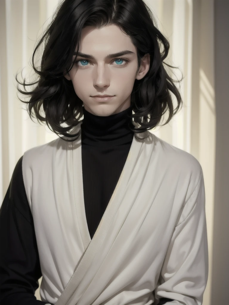 (best quality), 1boy, pale skin, black hair, medium hair, curtain hair, tousled hair, green eyes, perfect eyes, dark circles under eyes, handsome, light smile, attractive, turtleneck sweater, masterpiece, anatomically correct, highres
