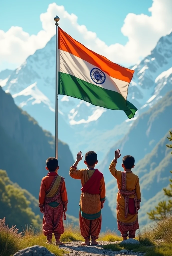 Himalayan Sikkim Tibetan and Nepali tribal 10 years three boy saluting india national flag