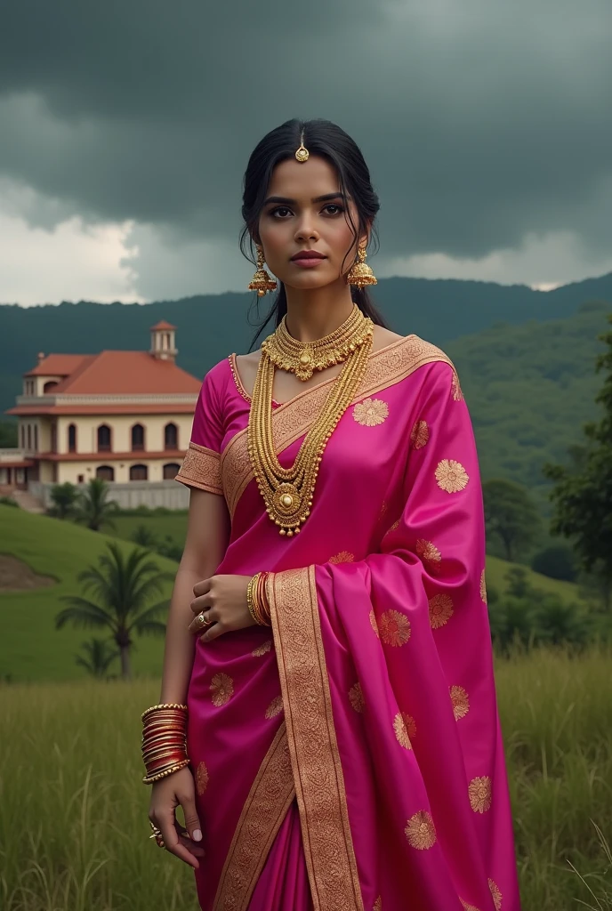 Beautiful woman, pink silksaree south Indin saree, wearing heavy,goldbangles, necklace,earings jewelry, in front of traditional South Indian big house ,hill background, dark cloud