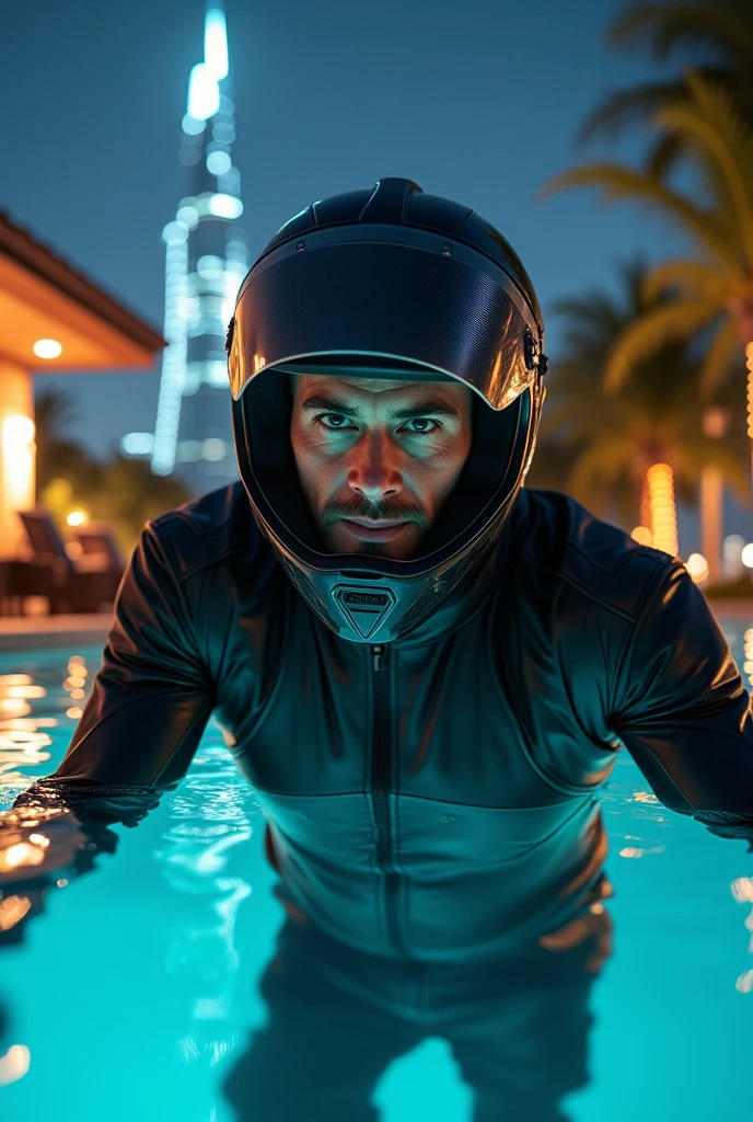 A Handsome Western Male, about to Swimming with a Full Face Motorcycle Helmet, at Backyard Swimming Pool at night, amazing view of skyscrapers, dramatic scene, masterpiece, (face focus:1.3), clear helmet visor, (beautiful eyes:1), Dainese leather racing suit , micro computer integrated cyber punk Shoei helmet, (wearing a cyber punk off-road rider's outfits), dynamic angle, acrobatic pose, (showing a handsome face with smile)