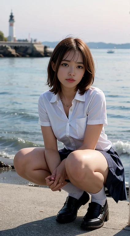 high quality、high resolution、masterpiece、Bright red sky、Beautiful crimson clouds in the background、Beautiful girl squatting on the edge of the waves with her legs spread, She has medium bob hair、Beautiful light brown hair color、Plump and large breasts、Narrow waist、White blouse、Wear a pleated skirt、Shoes are loafers、Black socks、
White panties、
She is posing for a photo shoot, Looking into the camera、Shooting from below、