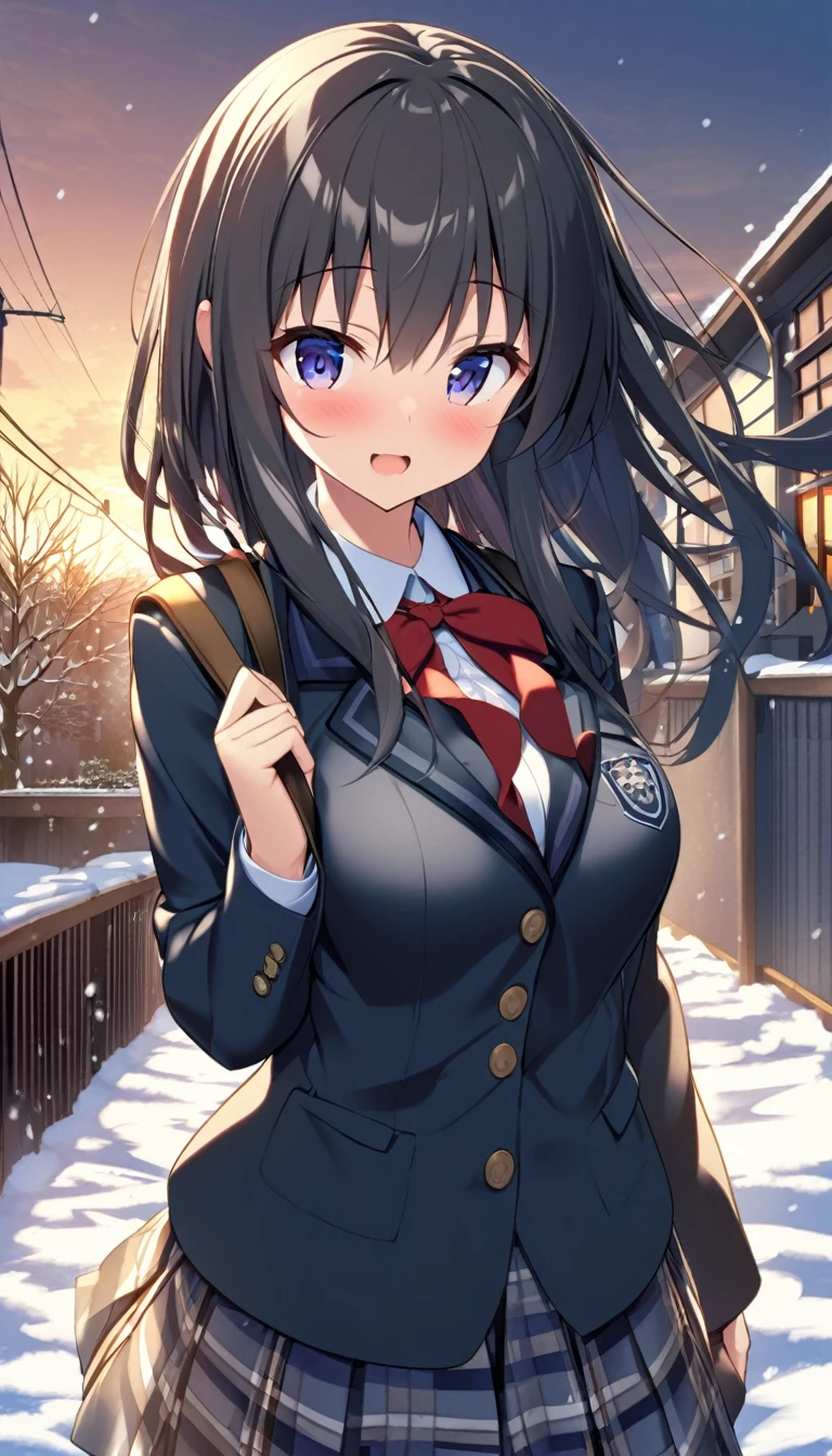 One Woman、beautiful girl、after school、evening、high school girl、School、Back of the school building、winter、Keyaki Tree々、Snow all over、it&#39;s snowing、Snowfall、Blazer Uniform、Pleated skirt、Duffle coat、Scarf、Black knee-high socks、Long Hair、Scarfを着用する、Highest quality、Ultra HD、 Black Pantyhose、Thick thighs、Big Ass、Black Hair、Black panties、White Breath