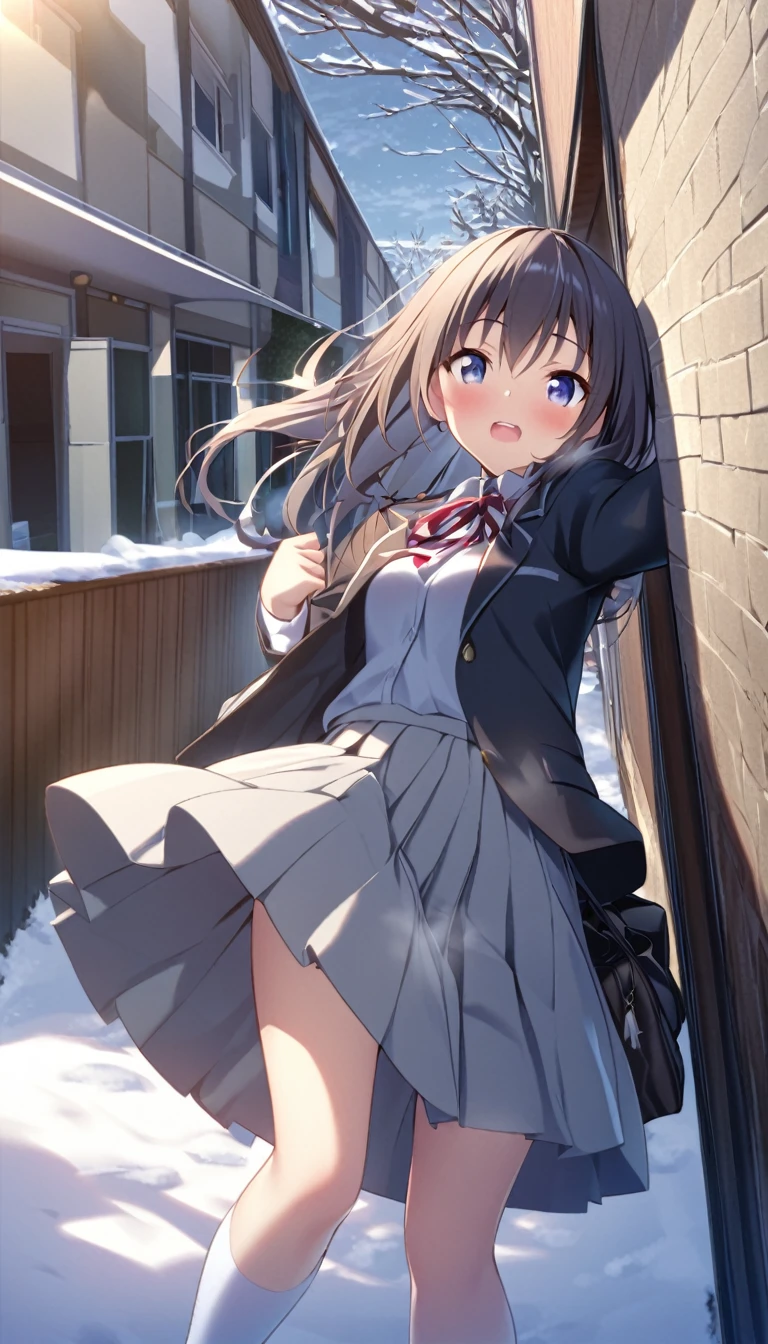 One Woman、beautiful girl、after school、evening、high school girl、School、Back of the school building、winter、Keyaki Tree々、Snow all over、it's snowing、Snowfall、Blazer Uniform、Pleated skirt、Duffle coat、Scarf、Black knee-high socks、Long Hair、Scarfを着用する、Highest quality、Ultra HD、 Black Pantyhose、Thick thighs、Big Ass、Black Hair、Black panties、White Breath