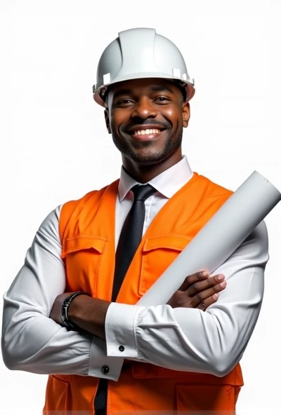 a smiling dark skinned man, dressed in an orange safety vest and a white helmet. He holds a roll of blueprints or construction documents in one arm.. The background of the image is transparent, highlighting your figure. The man is wearing a white shirt and a black tie, conveying a professional look, typical of an engineer or architect.