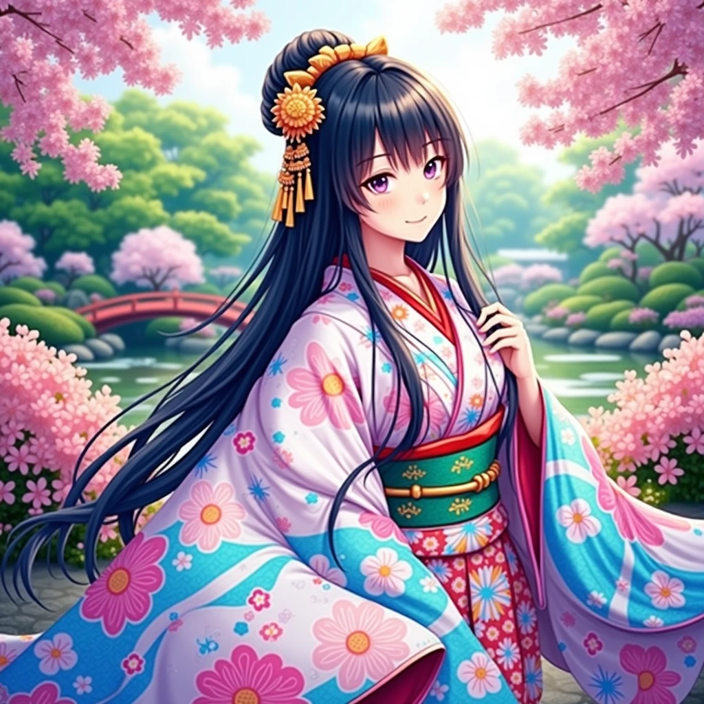 (masterpiece、Highest quality、8k、High resolution)、Traditional Japanese beauty in kimono、Floral pattern on white background、Vibrant colors、Japanese garden、There is a pond、Colorful flowers、Vibrant colors、Cherry Blossom、There is a drum bridge、A complete portrayal、Detailed anime art、