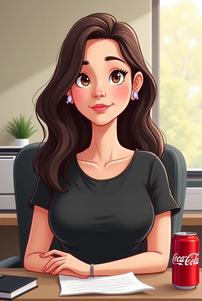 In a cartoon from the front we can see a 30-year-old woman with long dark brown hair sitting behind a table. She is slightly fuller but not fat. Her face is round. She has a charismatic and friendly face. , She has a light pink hearing aid in both ears and is wearing a very black, loose t-shirt., her eyes are brown and she, She is looking straight ahead and has very white skin. On the table there is a black notebook, a white printer and a can of Coca Cola Zero. The can is red and the writing is in black..