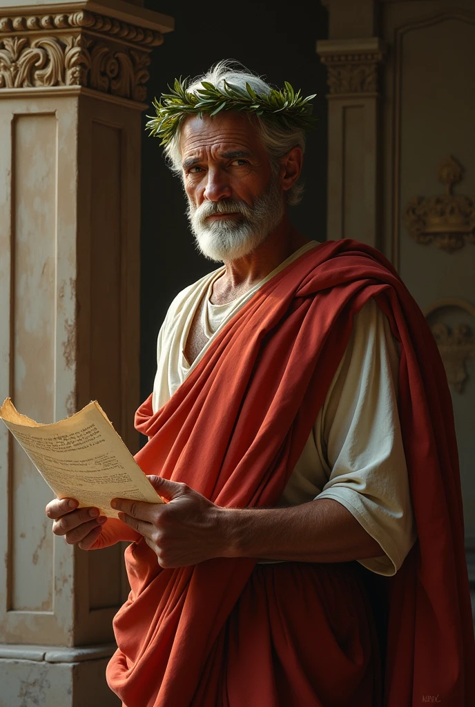 Seneca, 1st century Roman villa, holding a scroll, stoic expression, historical portrait, Roman art, natural lighting, earthy colors, rough brushstrokes, simple details, marble columns, warm sunlight, wooden furniture, serene atmosphere, curious visitors, philosophical ambiance, Roman architecture, classical sculptures, modest clothing, dignified atmosphere, wise expression