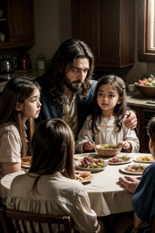 description Jesus in my house , details Jesus sitting at the table in period costume having dinner with a medium-sized family that includes sons and daughters, father and mother and grandparents, characteristics of the brown family that intertwine the Brazilian mixture of races, who has a pet close to them, happily watching as everyone eats dinner .... the family&#39;s clothes must be from the present moment only Jesus in period clothes , Jesus seated facing everyone and everyone seated around him at a large table, animation style background relistic, With the greatest wealth of detail, the image needs to convey the information that the family is united and Jesus is blessing them at that moment.. 