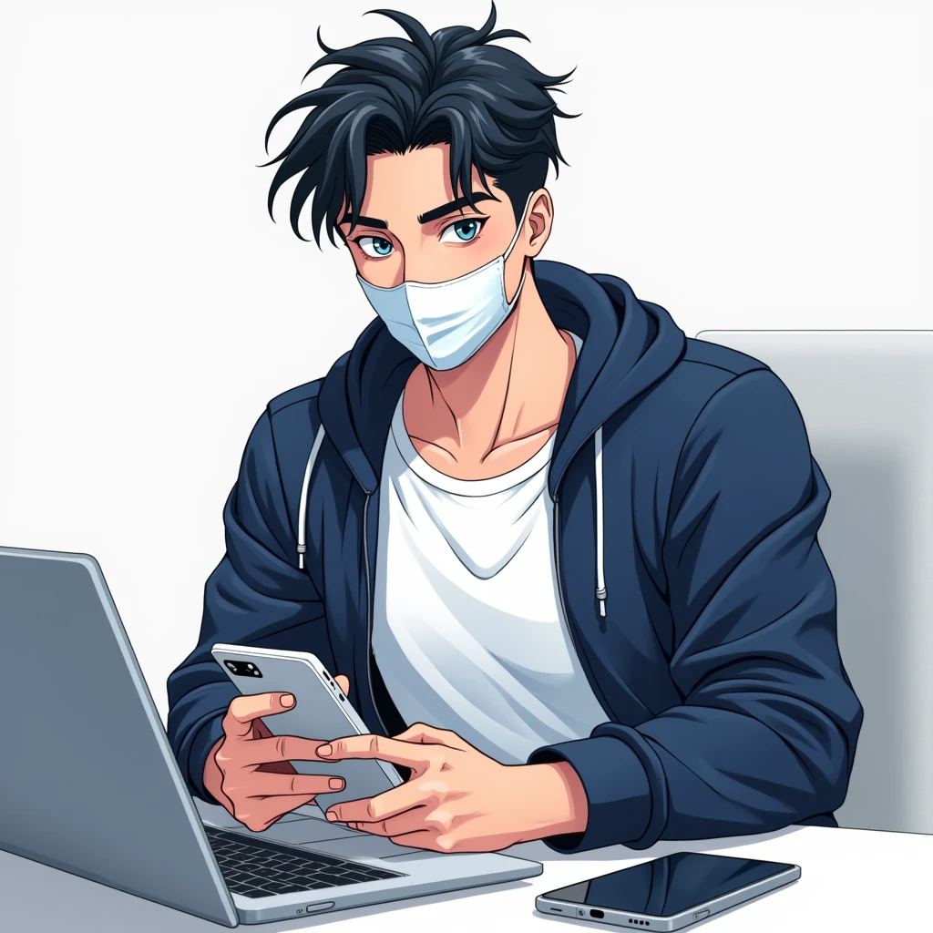 One person,Handsome,Black Hair, blue eyes, White T-shirt,Navy blue jacket,smartphone,computer,mask,Anime Style,An illustration