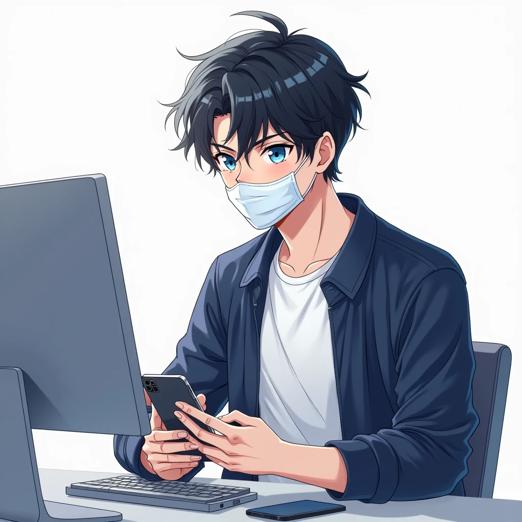 One person,Handsome,Black Hair, blue eyes, White T-shirt,Navy blue jacket,smartphone,computer,mask,Anime Style,An illustration